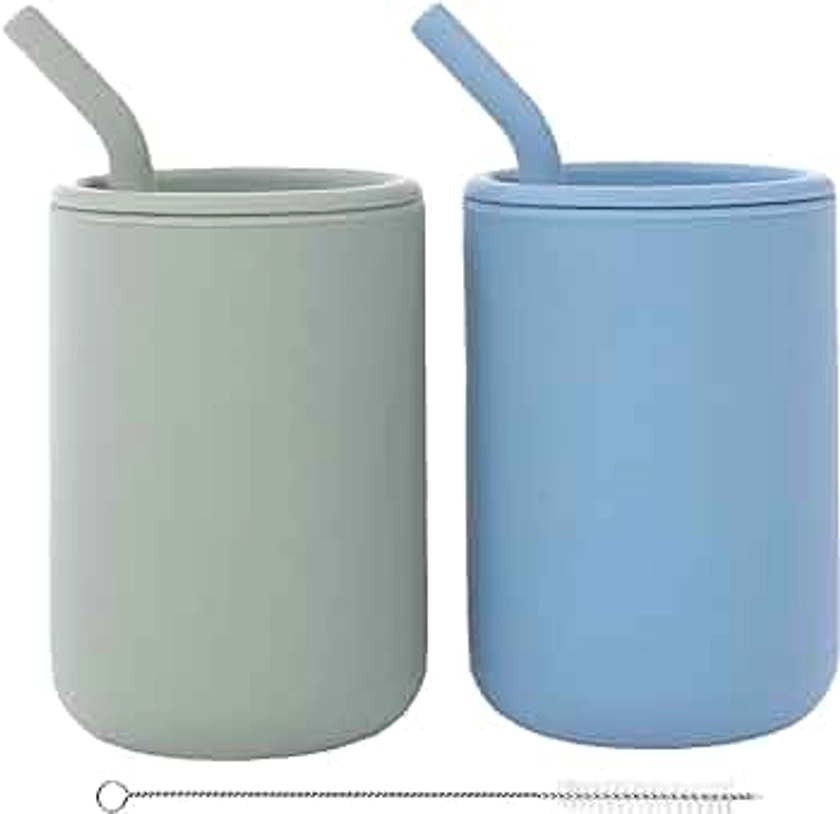 WeeSprout Silicone Baby Cups With Straws and Lids, 4 & 8 oz Options, Set of 2, Food Grade Toddler Training Container, Built In Straw Stoppers, Measurement Markings, Dishwasher Safe + Straw Cleaner