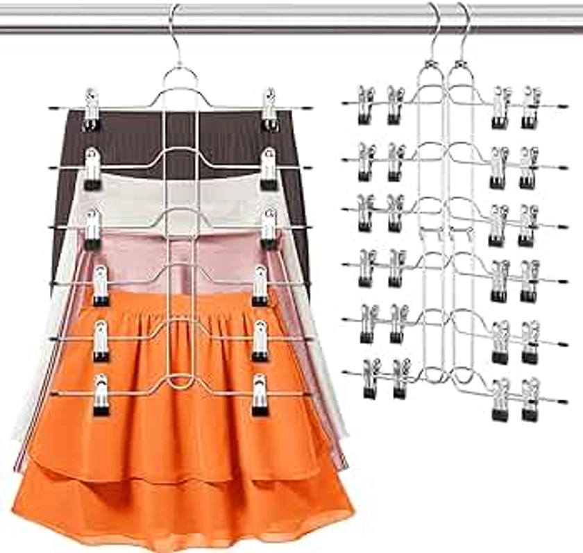 Hodola 6 Tier Skirt-Hanger-Space-Saving - 3 Pack for Women, Upgraded Short Hangers & Skirt-Hangers-with-Clips,Room-Organization-and-Storage, Metal Pants-Hangers-Space-Saving Dorm-Room-Essentials