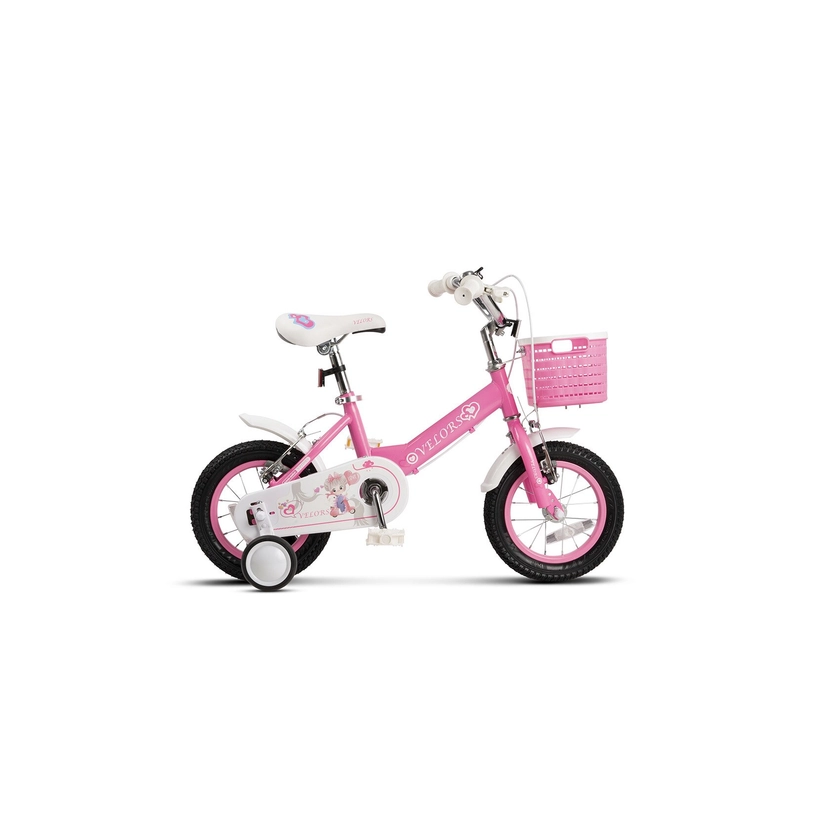 Velors Gyermek MTB kerékpár, 12"-es kerekekkel, V-fék, segédkerekek, rózsaszín/fehér, gyerek sportkerékpár 2-4 éves korig