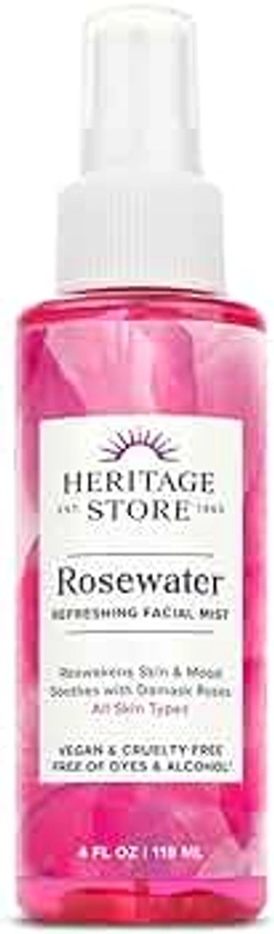 HERITAGE STORE Rosewater - Refreshing Facial Mist for Glowing Skin with Damask Rose, All Skin Types - Rose Water Spray for Face, Made Without Dyes or Alcohol, Hypoallergenic, Vegan, Cruelty Free, 4oz