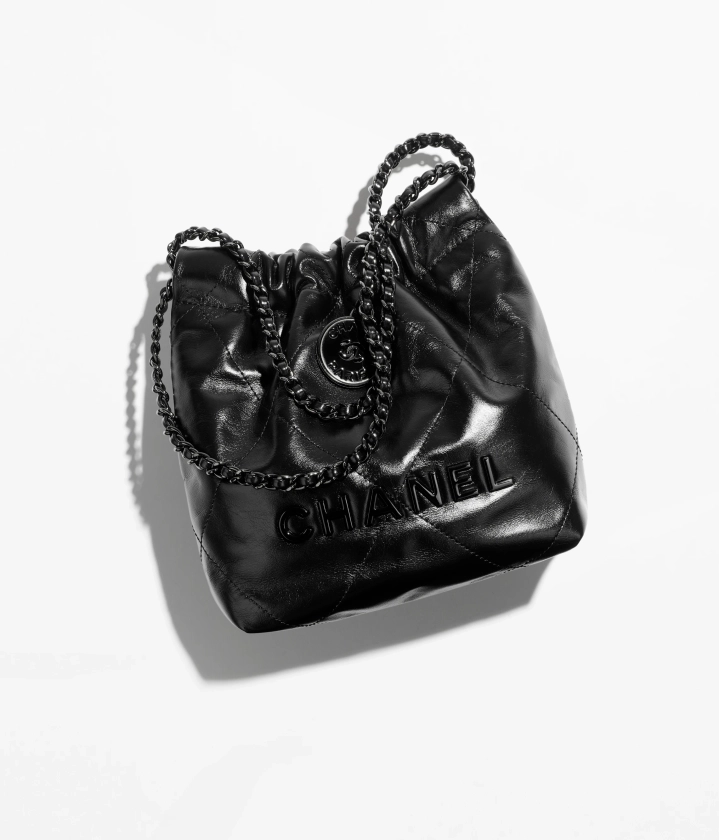Chanel 22 mini handbag, Shiny calfskin & black metal, black — Fashion | CHANEL