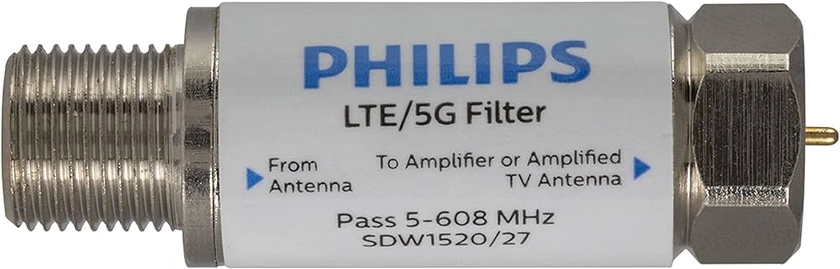 Philips LTE Filter for TV Antenna, 4G 5G LTE Signal to Reduce Interference and Pixilation for Clear Digital HD TV Reception, Frequency Range 5-608 MHz, Indoor Outdoor Installation, SDW1520/27