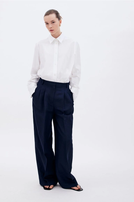 Pantalon van linnenmix - Marineblauw - DAMES | H&M NL