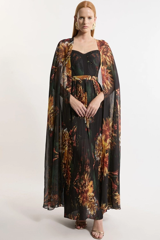 Dark Floral Print Woven Pleated Cape Maxi Dress