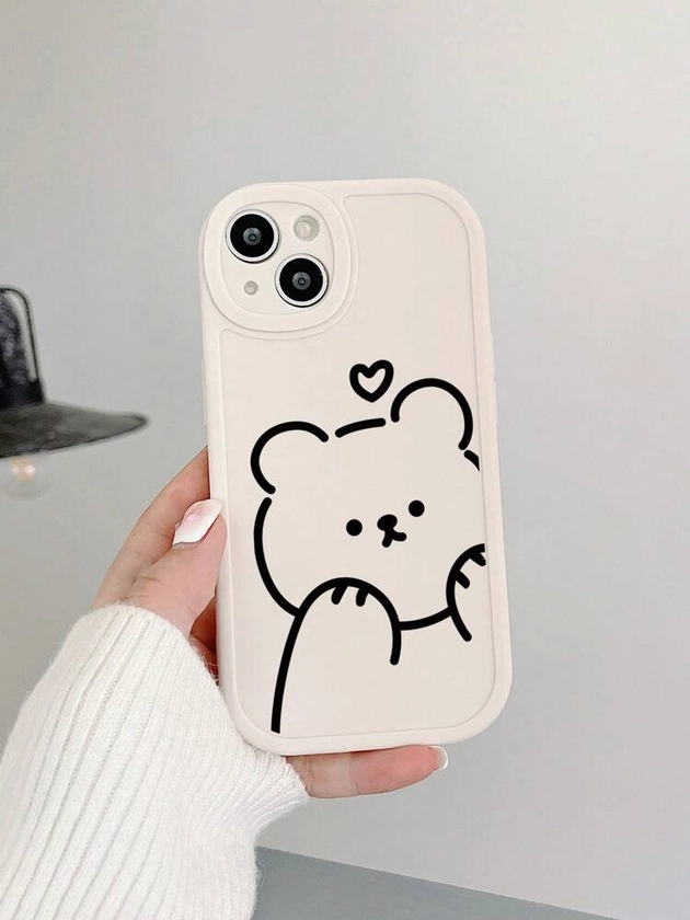 1pc Cartoon Bear & Heart Print Matte Phone Case Adequado para Apple, Samsung, Galaxy, modelos de iPhone - iPhone 13, iPhone 11, iPhone 15 Pro Max, iPhone 16, iPhone 16 Pro Max, iPhone 16 Plus, iPhone 16 Pro