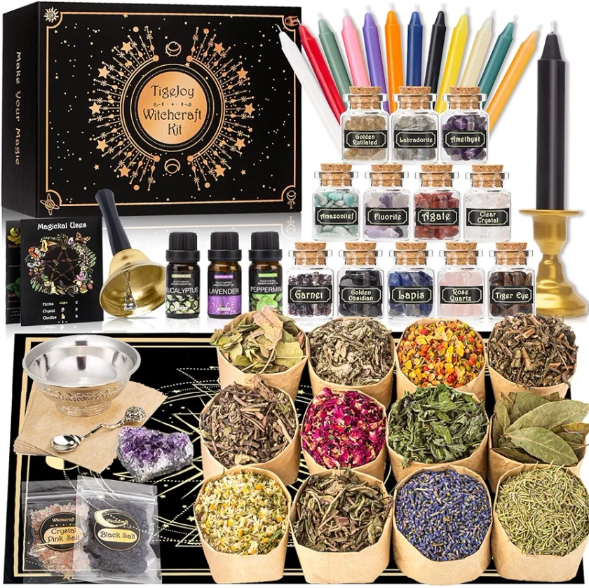 [Upgraded] Witchcraft Supplies Witch Stuff Spell Kit, 61 PCS Wiccan Supplies and Tools, Include Dried Herb Crystal Candle Amethyst Black Salt, Lavender,Mint,Rose,Rosemary,Sage,Chamomile,Orange