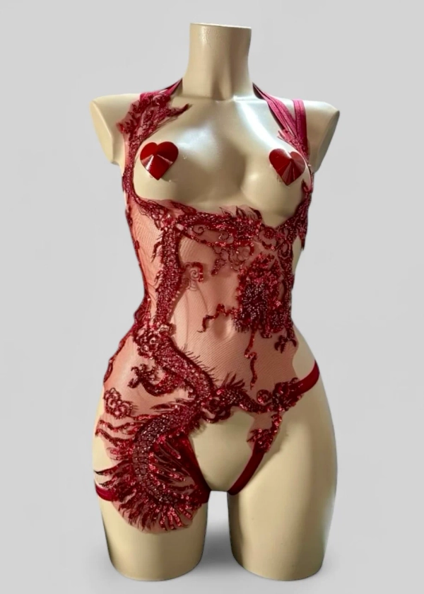 MELEYS - Red Dragon Beaded & Sequin Bodycage