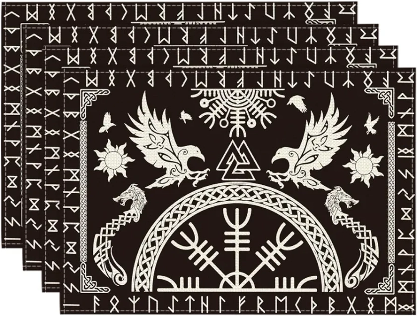 Artoid Mode Black Viking Tree of Life Raven Helm of Awe Placemats Set of 4, 30x45 cm Table Mats for Party Kitchen Dining Decoration