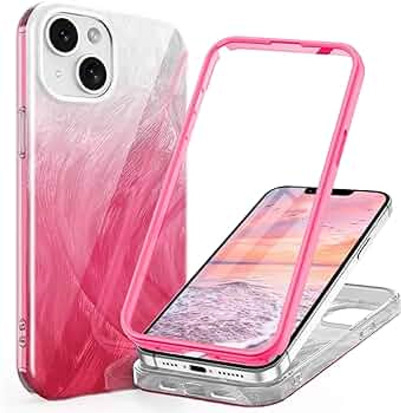 STERKER Compatible for iPhone 14 Plus Case, Full Body Rugged Floral Pattern Case with Built-in Touch Sensitive Screen Plustector, Soft TPU Bumper Case for iPhone 14 Plus, Feather Rose Red