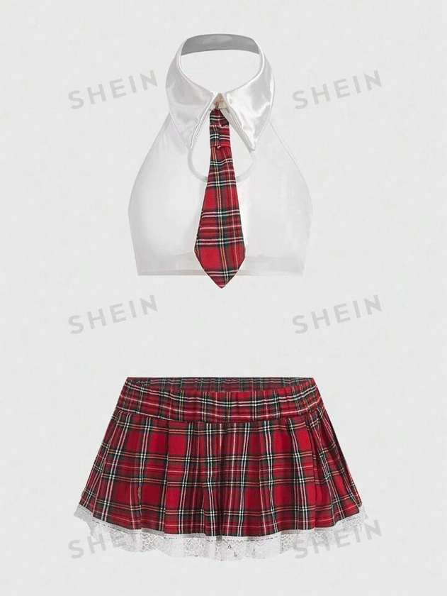 ROMWE Grunge Punk Valentine'S Day Schoolgirl Role Play Lingerie 3pcs/Set