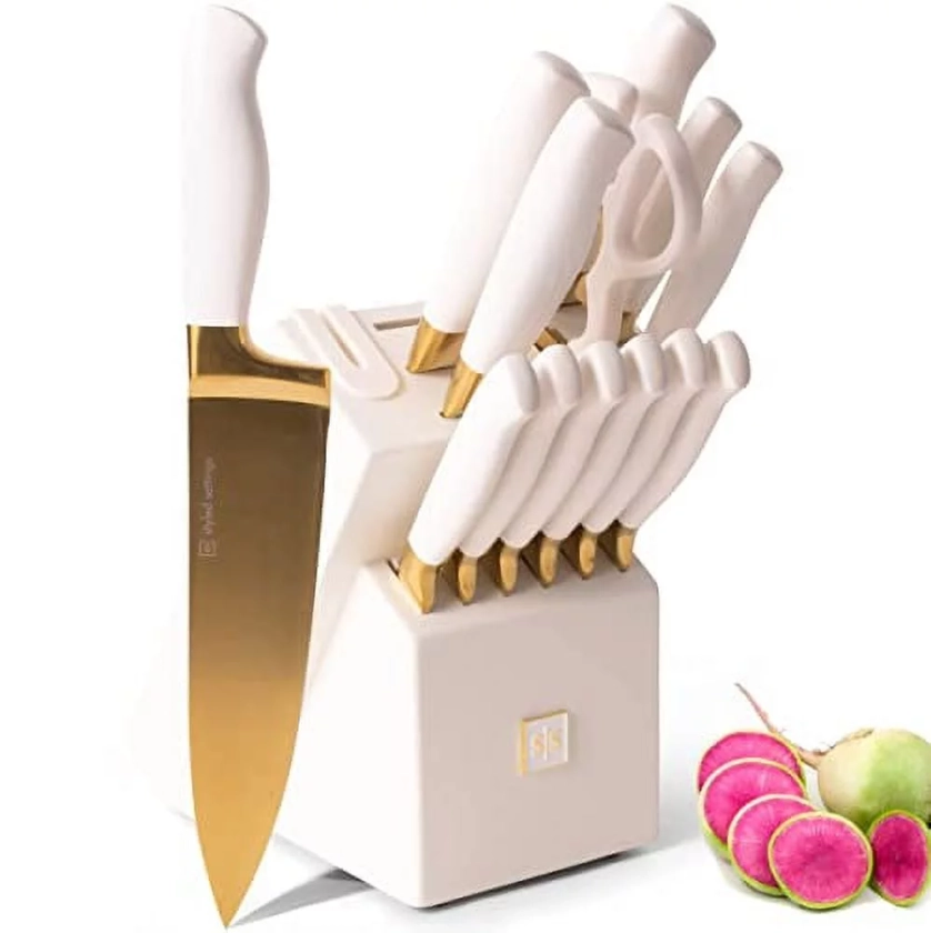 White and Gold Knife Set with Block Self Sharpening - 14 PC Titanium Coated Gold and White Kitchen Knife Set and White Knife Block with Sharpener, White and Gold Kitchen Accessories and Decor - Walmart.com