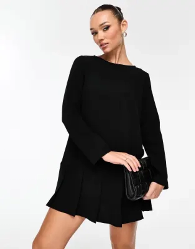 ASOS DESIGN - Robe courte à plis creux avec manches longues et taille basse - Noir | ASOS