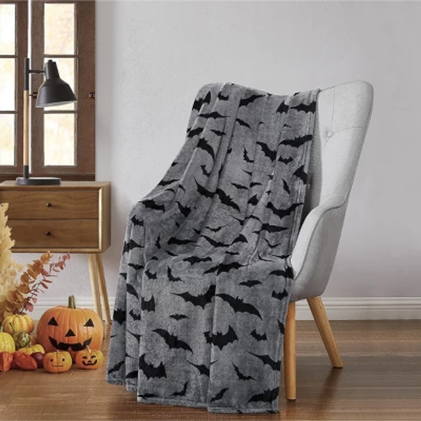 Kate Aurora Ultra Soft & Plush Gray & Black Spooky Halloween Bats Accent Throw Blanket - 50 in. W x 70 in. L