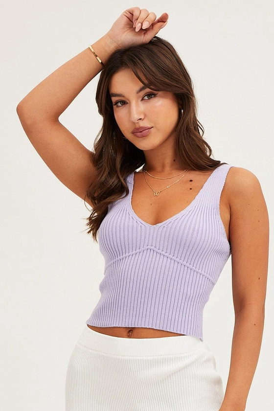 Women’s Purple Knit Top Sleeveless Crop V-Neck | Ally Fashion