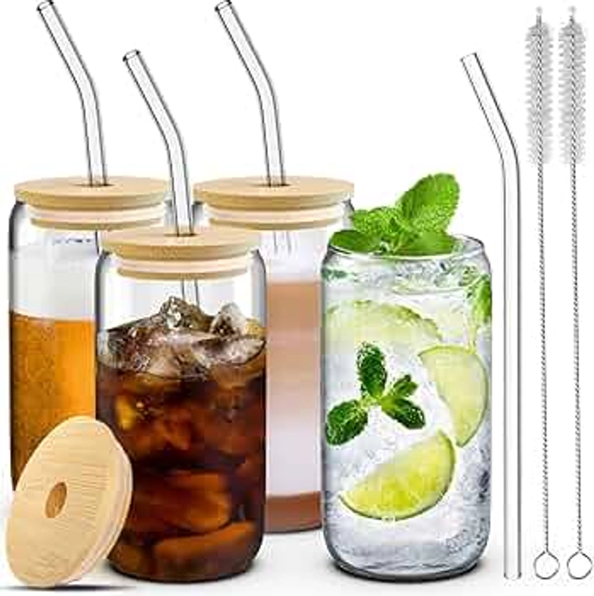 4 Set Glass Cups with Lids and Straws 16 oz, Glasses Drinking Set, Iced Coffee Cup with Bamboo Lids, Drinking Glasses Tumbler with Straw and Lid, Glass Can Coffee Cups, Drinking Glassware, 2 Brushes