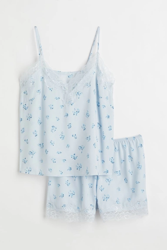 Pajama Camisole Top and Shorts - Light blue/small flowers - Ladies | H&M US