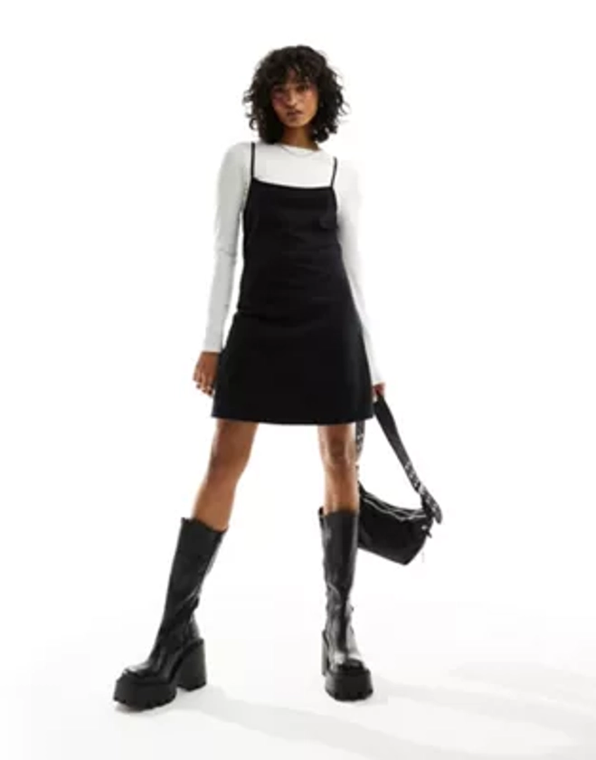 ASOS DESIGN supersoft long sleeve 2 in 1 slip mini dress in black - BLACK