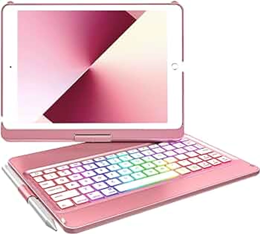 MMK® Keyboard Case for iPad 10.2 inch 9th Gen 2021,iPad 8th Generation 2020,iPad 7th Generation 2019,10 Color Backlit 360 Rotatable Wireless Detachable Bluetooth Keyboard Cover Tablet Case