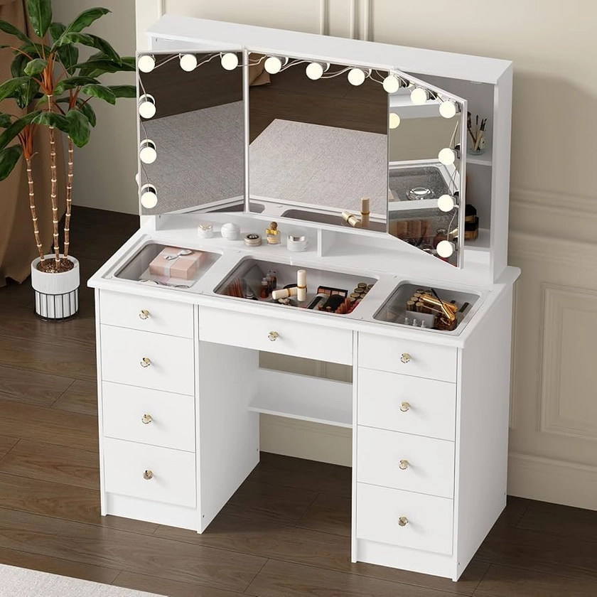 Large Vanity Desk with Trifold Mirrors & Hollywood Bulbs, 43.3" W Glass Top Makeup Vanity with Lights in 3 Color Modes & Brightness Adjustable, Makeup Desk with 9 Drawers for Storage, White