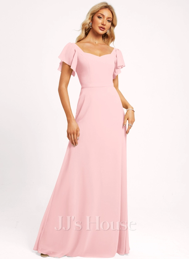 [US$ 89.00] A-line V-Neck Floor-Length Chiffon Bridesmaid Dress With Ruffle (007288303)