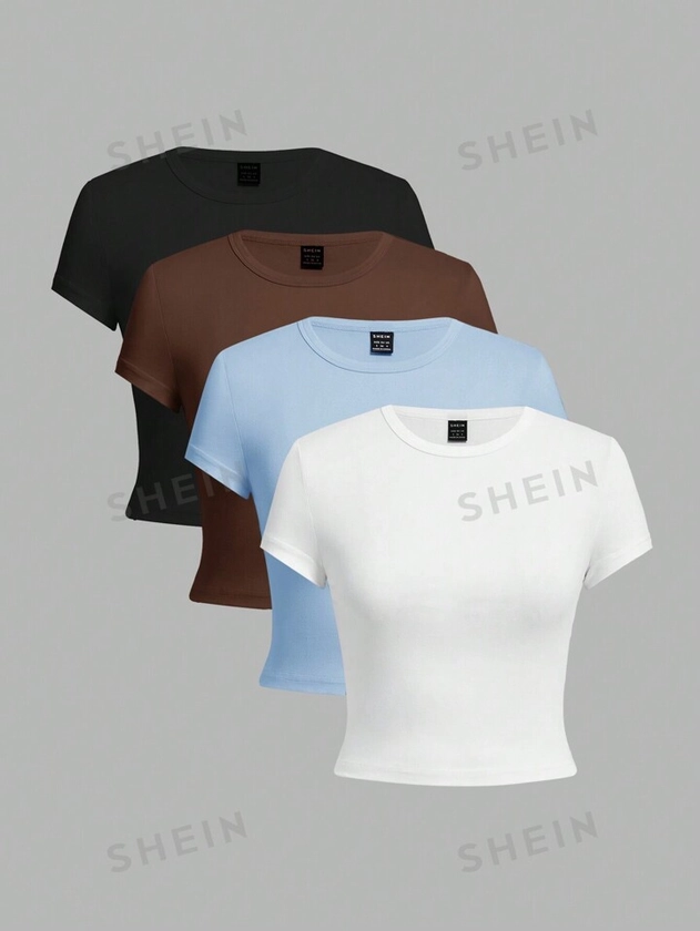 SHEIN EZwear Ensemble De 4 T-shirts À Manches Courtes Ajustés Pour Femmes, Solides, Tendance, Décontractés Et Tronqués, Pour L'été