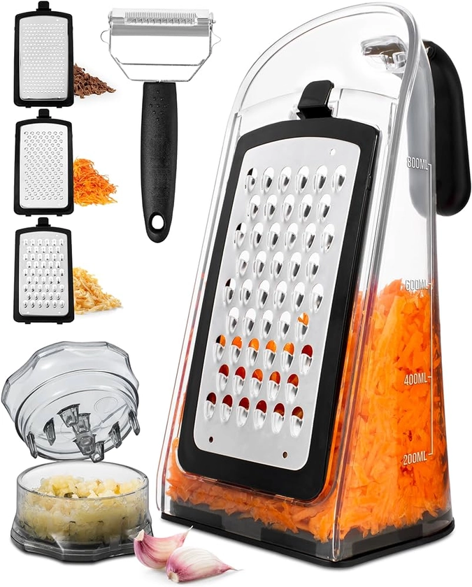 Amazon.com: Cheese Grater with Garlic Crusher - Box Grater Cheese Shredder - Cheese Grater with Handle - Graters for Kitchen Stainless Steel Food Grater - Garlic Mincer Tool and Vegetable Peeler: Home & Kitchen