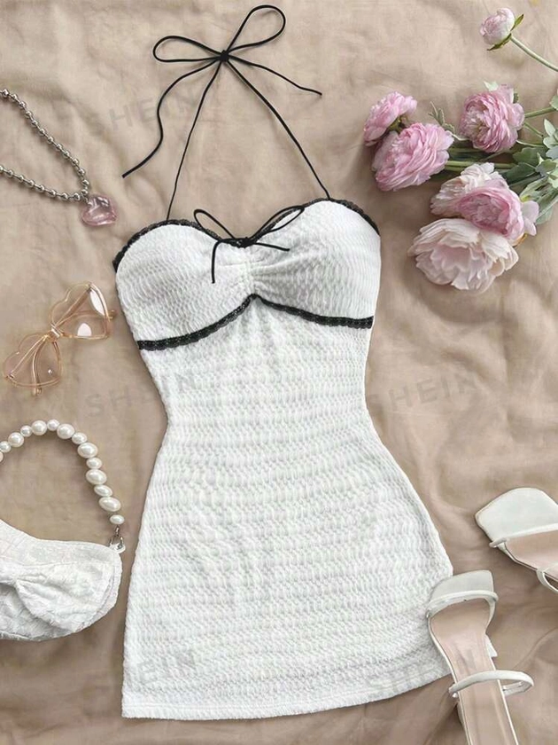 SHEIN Dreamara White Knitted Texture Elastic Strap Lace Romantic Casual Vacation Women's Dress, Summer Dress