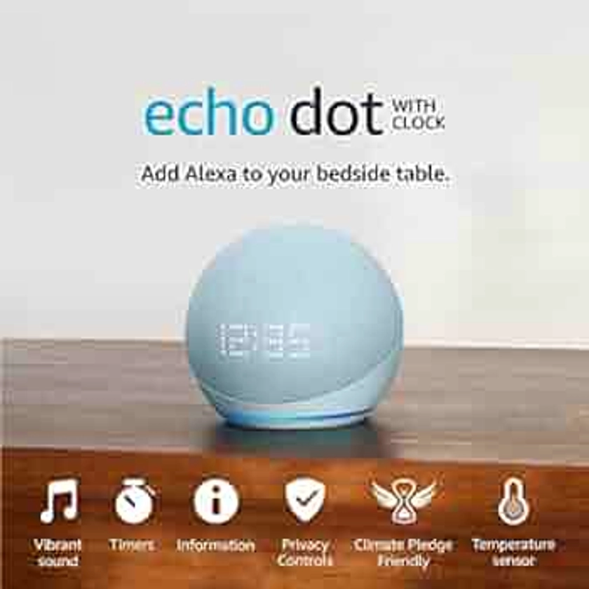 Echo Dot with clock (5th generation, 2022 release) | Bigger vibrant sound Wi-Fi and Bluetooth smart speaker and Alexa | Cloud Blue