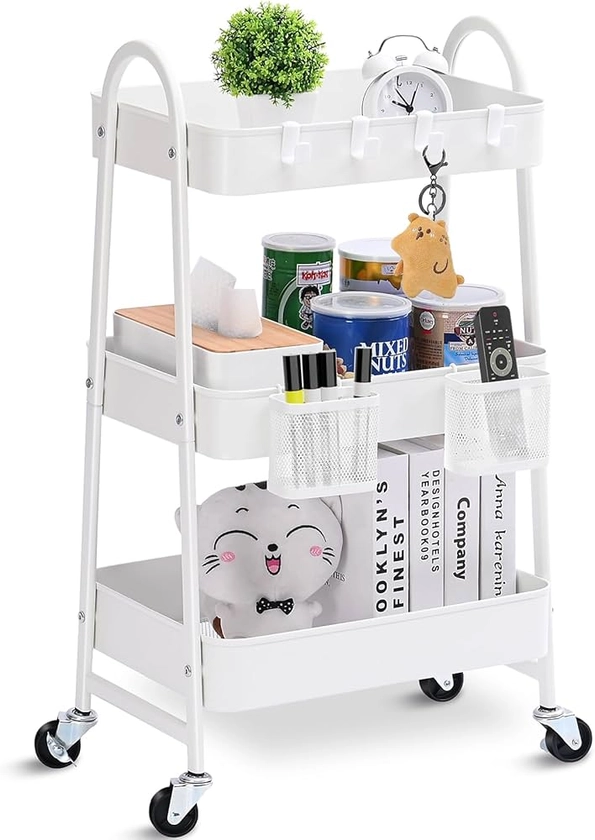 KINGRACK 3-Tier Rolling Cart, Metal Rolling Storage Cart with Handle and Lockable Wheels, 2 Hanging Baskets & 4 Hooks, Utility Cart for Kitchen, Bathroom, Office, White