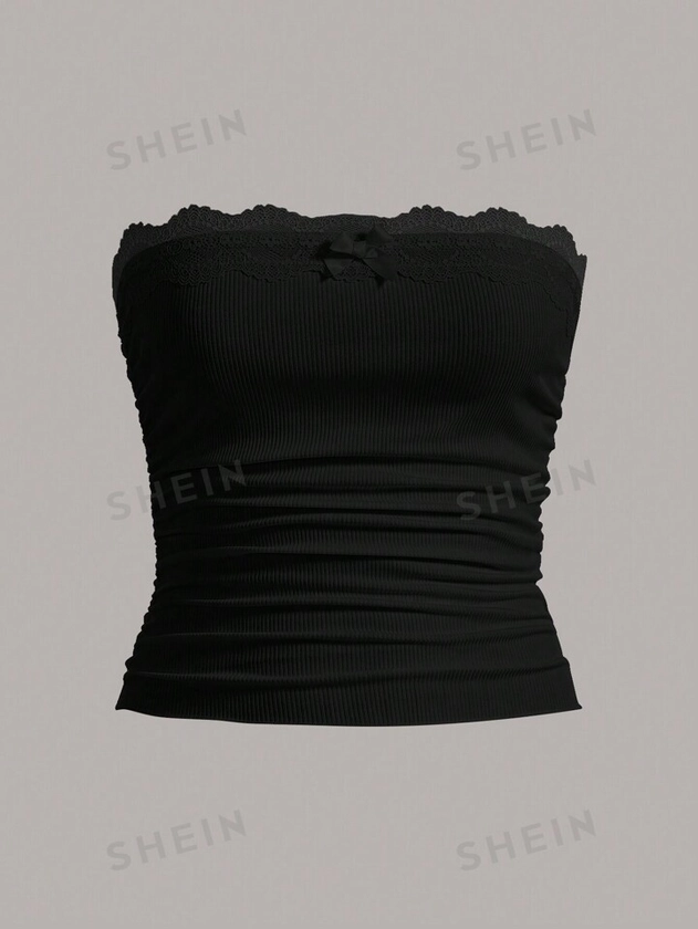 SHEIN EZwear Black Contrast Lace Ruched Tube Top