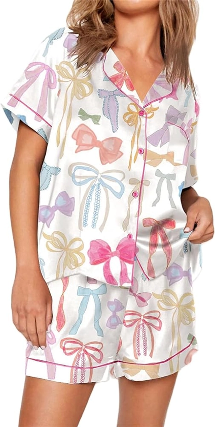 Hassembly Women 2 Piece Satin Pajama Set Cute Bow Print Short Sleeve Shirt Loose Shorts Matching Set Summer Casual Loungewear