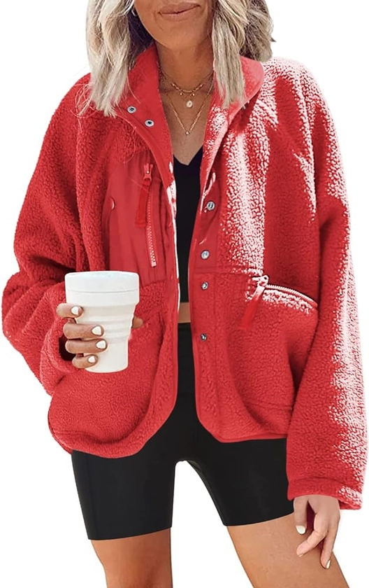 Nirovien Womens Fuzzy Fleece Jacket Button Down Shacket Casual Sherpa Coats Warm Outwear With Pockets
