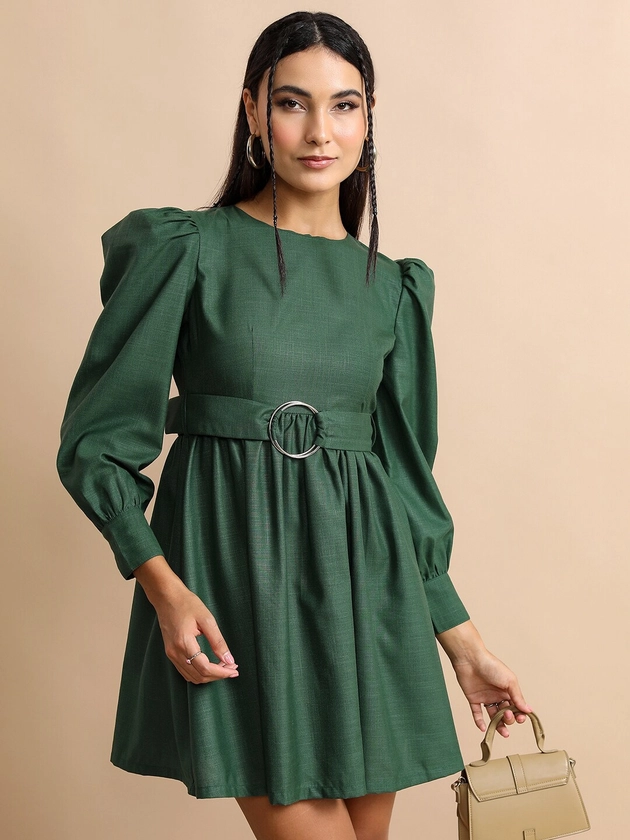Tokyo Talkies Green Round Neck Puff Sleeve Belted Fit & Flare Dress
