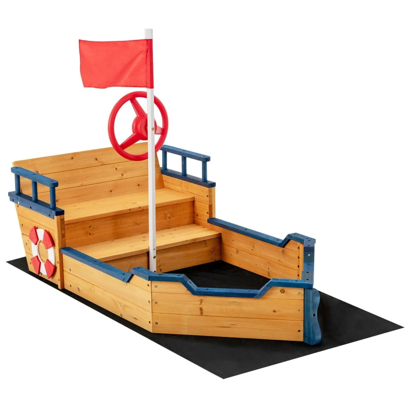 Outdoor Toys | Kids Wooden Sandbox Pirate Ship Play Boat w/ Flag Rudder Lifebuoy Decoration | Costway