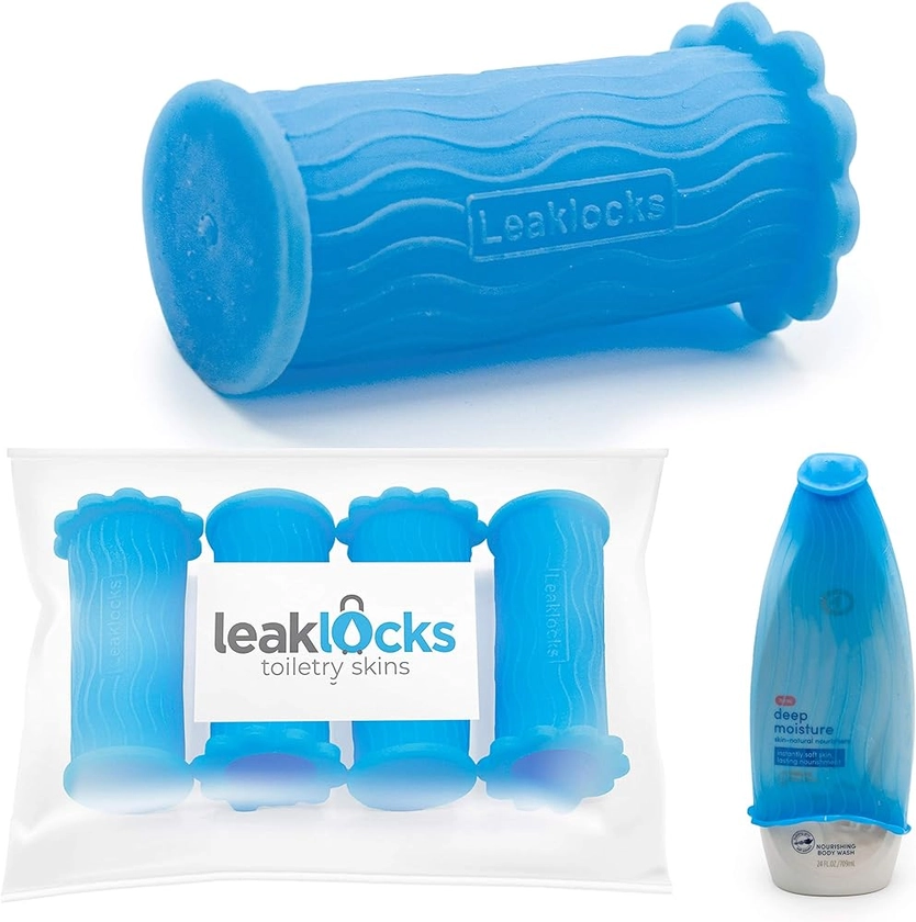 LeakLocks® Toiletry Skins™ Elastic Sleeve for Leak Proofing Travel Container in Luggage. For Standard and Travel Sized Toiletries. Reusable Accessory for Travel Bag Suitcase and Carry-on Luggage