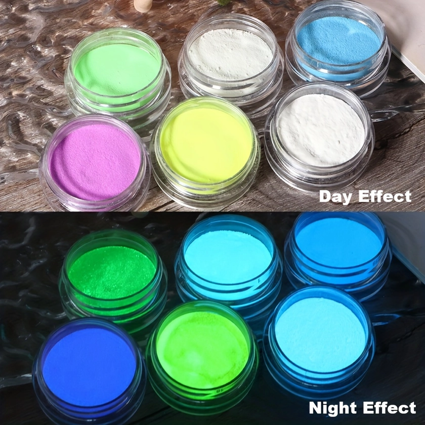 6 Box Luminous Chrome Nail Powder Glow In The Dark Pigment Phosphor Green Blue Light Glitter For Nails Colorful Rubbing Dust Decoration Supplies