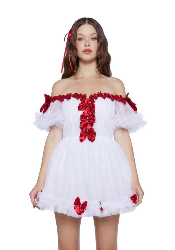 Sugar Thrillz Tulle Off The Shoulder Mini Dress With Bows - White/Red