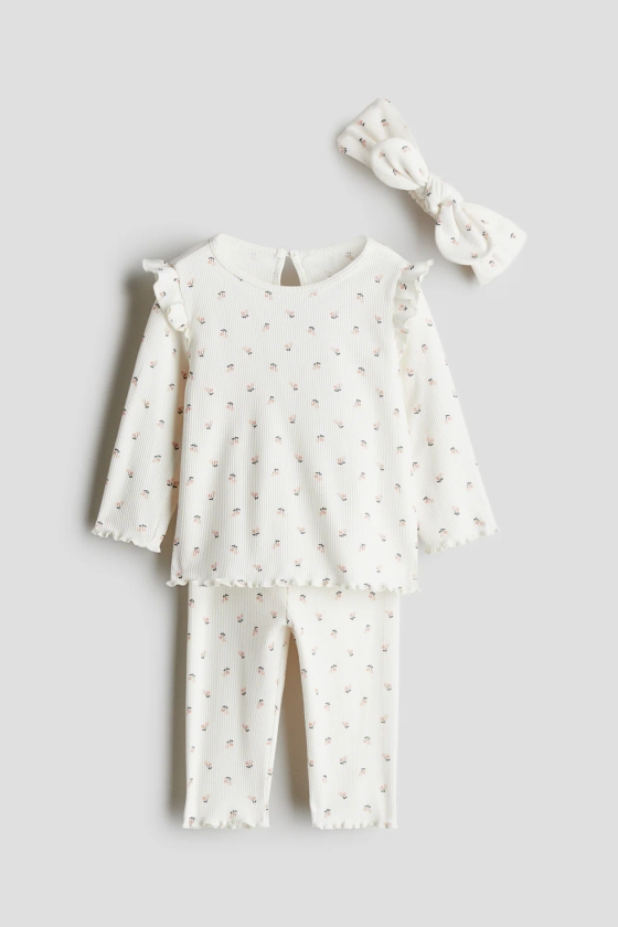 Ensemble 3 pièces en coton côtelé - Taille régulière - Encolure ronde - Blanc/fleuri - ENFANT | H&M FR