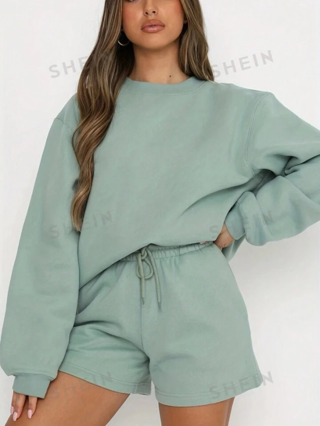 SHEIN Essnce Women's Casual Solid Color Drop Shoulder Long Sleeve Sweatshirt And Shorts Set | SHEIN USA