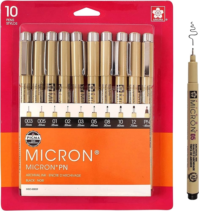 SAKURA Pigma Micron Fineliner Pens - Archival Black Ink Pens - Pens for Writing, Drawing, or Journaling - Assorted Point Sizes - 10 Pack