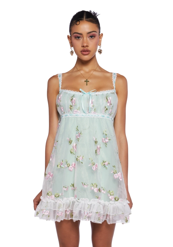 Sugar Thrillz Mesh Overlay Tank Dress With Embroidered Floral Designs Regencycore - Sage