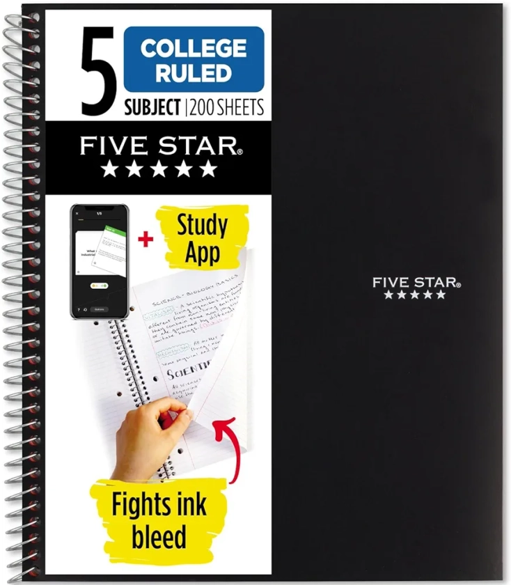 Five Star Spiral Notebook + Study App, 5 Subject, College Ruled Paper, Fights Ink Bleed, Water Resistant Cover, 8-1/2" x 11", 200 Sheets, Black (72081)