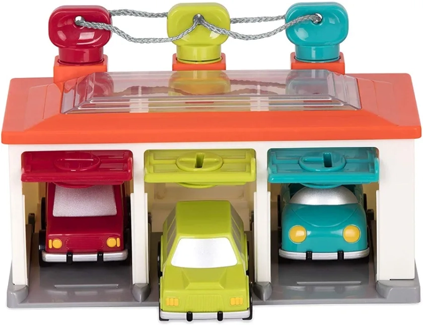 Battat - 3 Car Garage - 5 Pieces - Shape Sorting Garage with Keys and 3 Toy Cars for Toddlers 2 Years + (BT2633Z)
