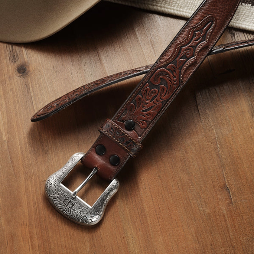 Bison Leather Tooled Tab Belt