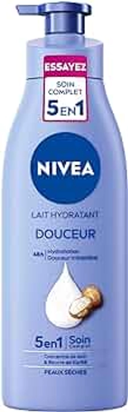 NIVEA Lait Hydratant Douceur 48h (1 x 250 ml), Soin corporel enrichi en concentré de soin NIVEA & en beurre de karité, Lait pour le corps hydratation intense pour peaux sèches