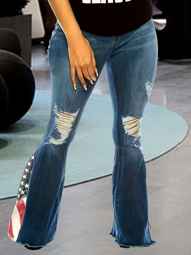 Women's Plus Size High-Waist Stretch Jeans With Ripped Flare Legs And American Flag Design, Casual Denim Bell-Bottoms, * Hem, Independence Day 4th O