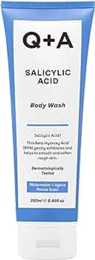 Q+A Salicylic Acid Body Wash, gel-based Body Wash, exfoliates, smoothes and softenes the skin with a blend of Salicylic Acid, White Willow Bark and Green Tea Extract, 250ml