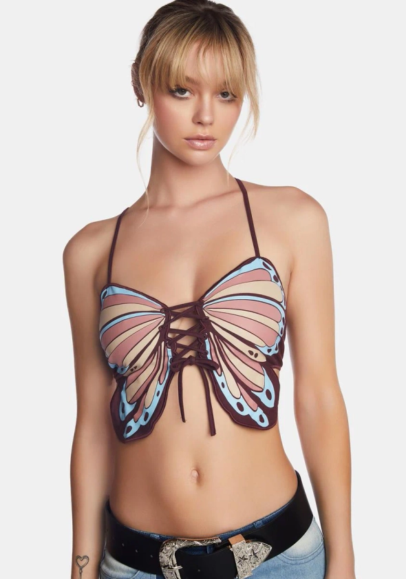 Current Mood Butterfly Graphic Halter Crop Top - Multi