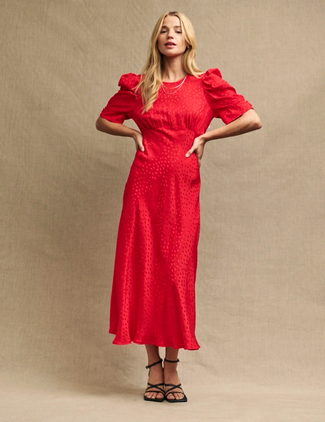 Red Satin Jacquard Moira Midi Dress