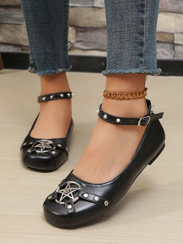 ROMWE Goth New Arrival Women's Round Toe Casual Flat Shoes With Dark Star & Stud Decoration